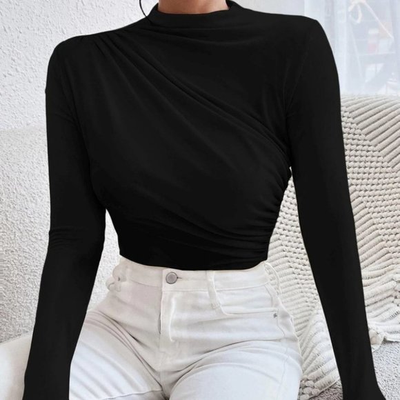 Minimalist Ruched Solid Bodysuit black - Picture 3 of 5